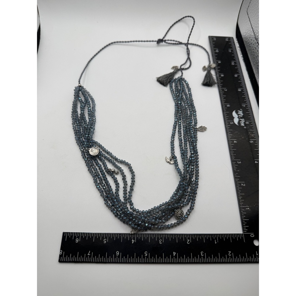 Marilyn Schiff Grey Multi Strand Crystal Beaded‎ Hamsa Charm Tassel Necklace